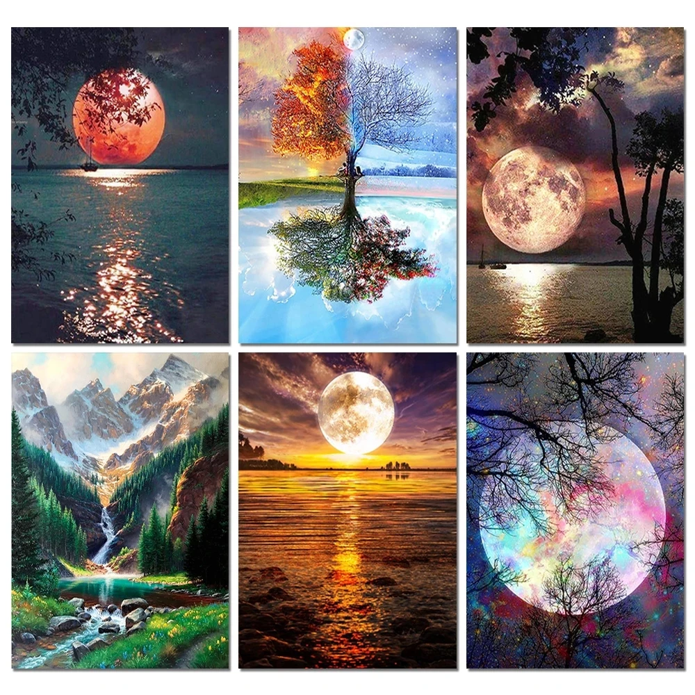 

Алмазная 5d-картина «Луна и дерево», полная круглая квадратная мозаика, пейзаж, цветок, вышивка стразами, предметы искусства для домашнего де...