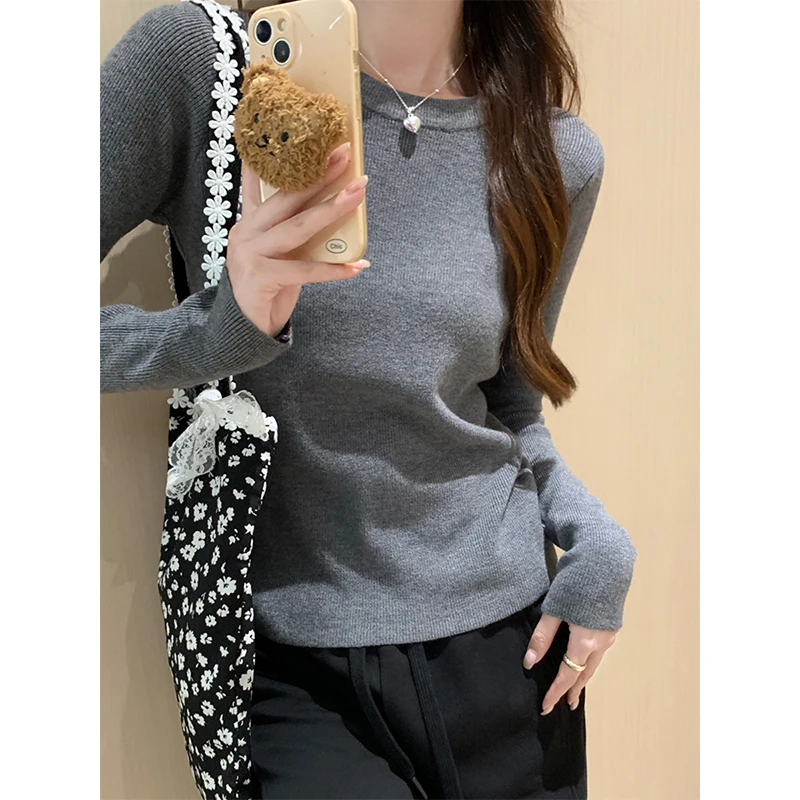 Повседневная однотонная трикотажная базовая рубашка с круглым вырезом женские