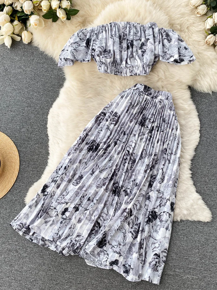 Женский комплект ALPHALMODA укороченный топ с принтом и трапециевидная юбка до