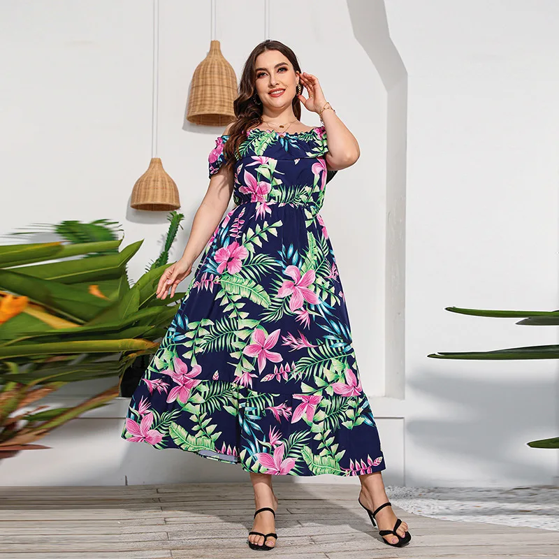 Plus Size Off Shoulder Ruffles Dresses 2022 Fashion Summer Dress Women Slash Neck Short Sleeve Floral Print Bohemian Dress