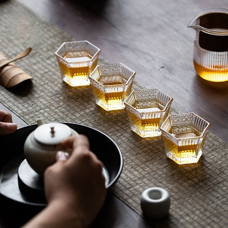 

Japanese Small Cup Coffee Mug Boutique Blue Bottle Celebrity Inspired Antique Hexagon Carved Glass Whiskey Tea Cup Set