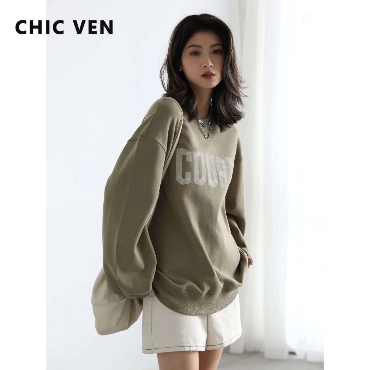 

CHIC VEN Women's Sweatshirt Street Casual Loose Round Neck Letter Printed Cotton Clothes Woman Female Tops Spring Autumn 2023