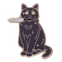 b0367 creative cartoon animal gray cat with knife enamel pins kitten cute alloy brooch badge fashion woman jewelry