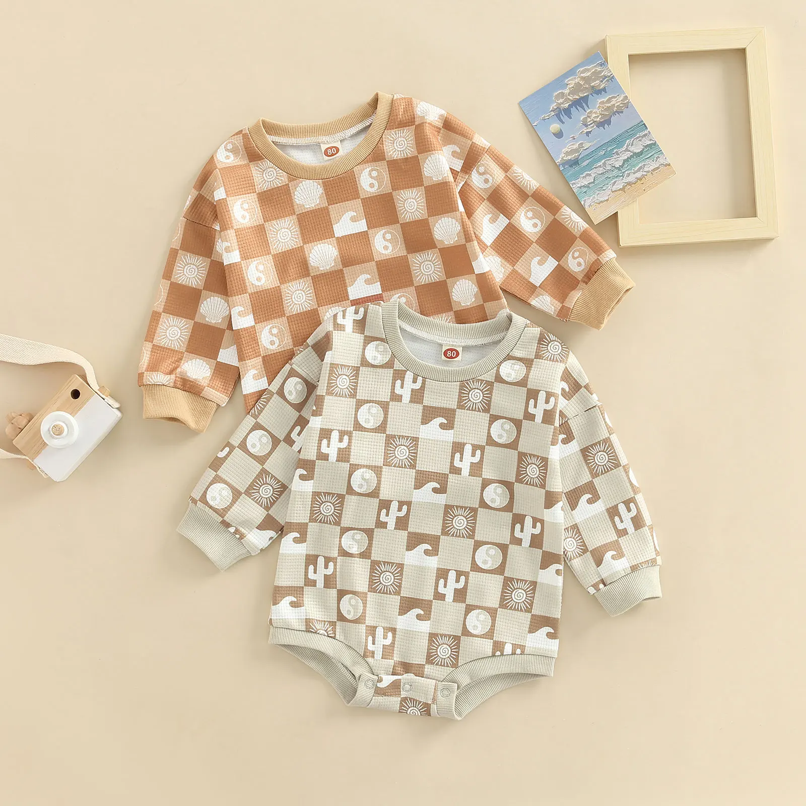 

0-24M Toddle Baby Girl Boy Spring Bodysuit Plaid Print Pattern Crew Neck Long Sleeve Jumpsuit