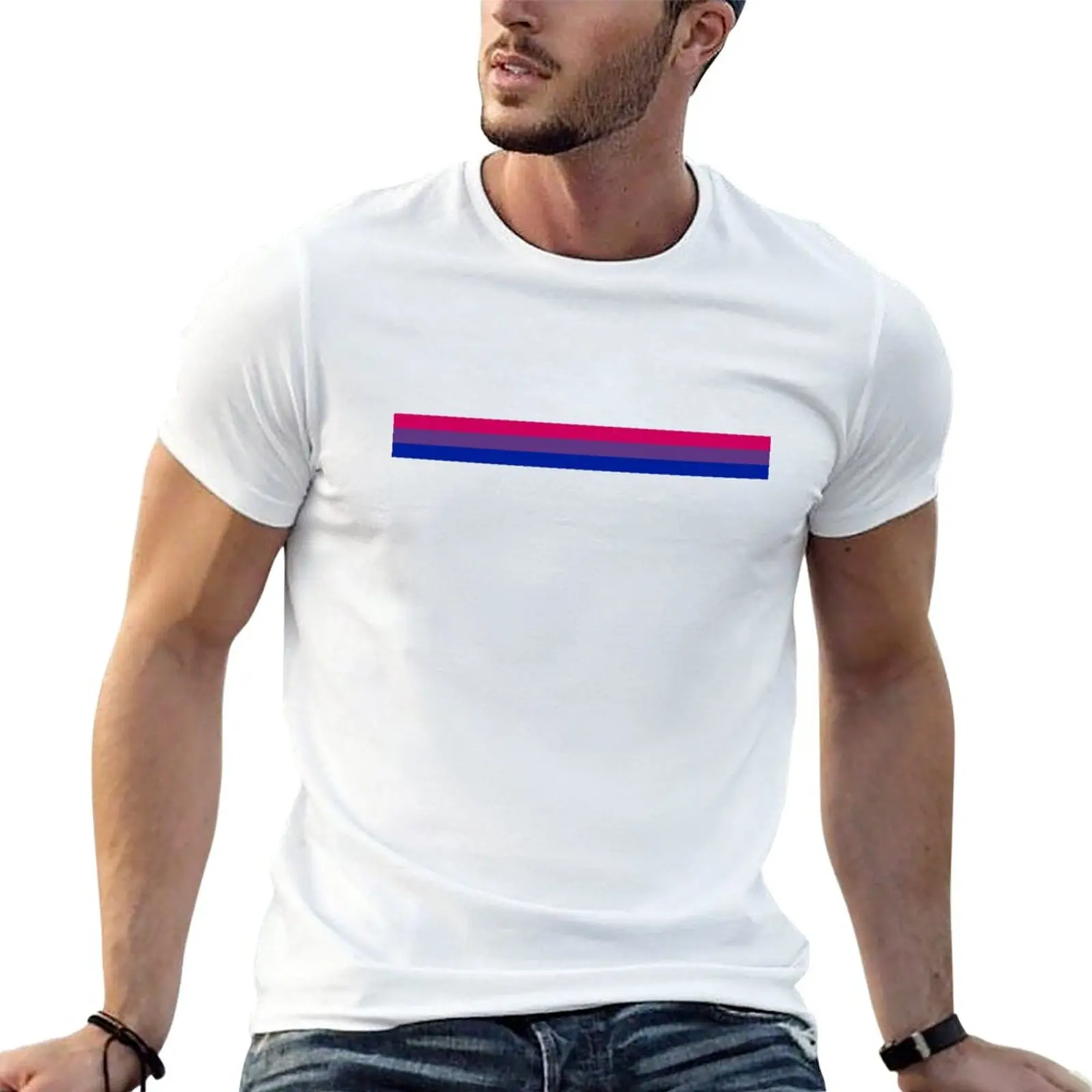 Фото Новинка, футболка в горизонтальную полоску с флагом Bi Pride, Мужская футболка в стиле аниме, спортивные футболки для фанатов, хлопковые футболки для мужчин №1