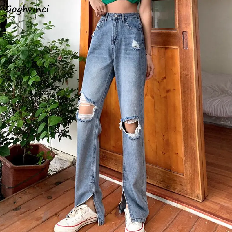 

Рваные джинсы женские свободные с высокой талией, прямые универсальные уличные брюки с дырками в Корейском стиле, простая Весенняя винтажная ретро-одежда с карманами