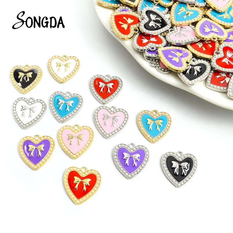 

10pcs Enamel Charms Imitation Pearl Bow Heart Pendant Charms DIY Necklace Jewelry Making Findings Handmade Accessories Gifts
