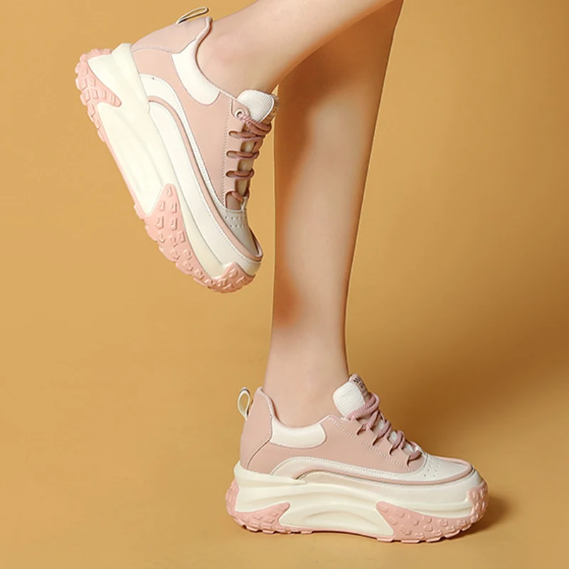 Chunky Air Mesh Breathable Sneakers Fashion Genuine Leather Women Vulcanize New Female Summer Comfy Lace Up Fashion Ladies Shoes