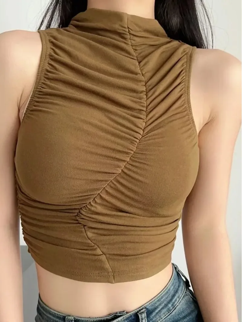 Новый летний плиссированный жилет без рукавов с воротником-стойкой 2024 женский