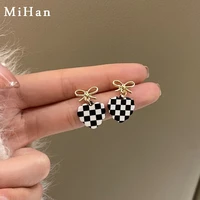 mihan 925 silver needle trendy jewelry bow earrings pretty vintage temperament grid black white heart earrings for women gifts