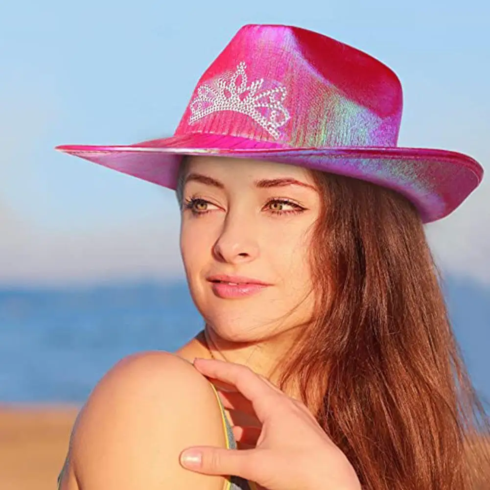 

Cowgirl Hats Light Up Pink Tiara Western Style for Women Girl Rolled Fedora Caps Feather Edge Beach Cowboy Hat Sequin Party Cap