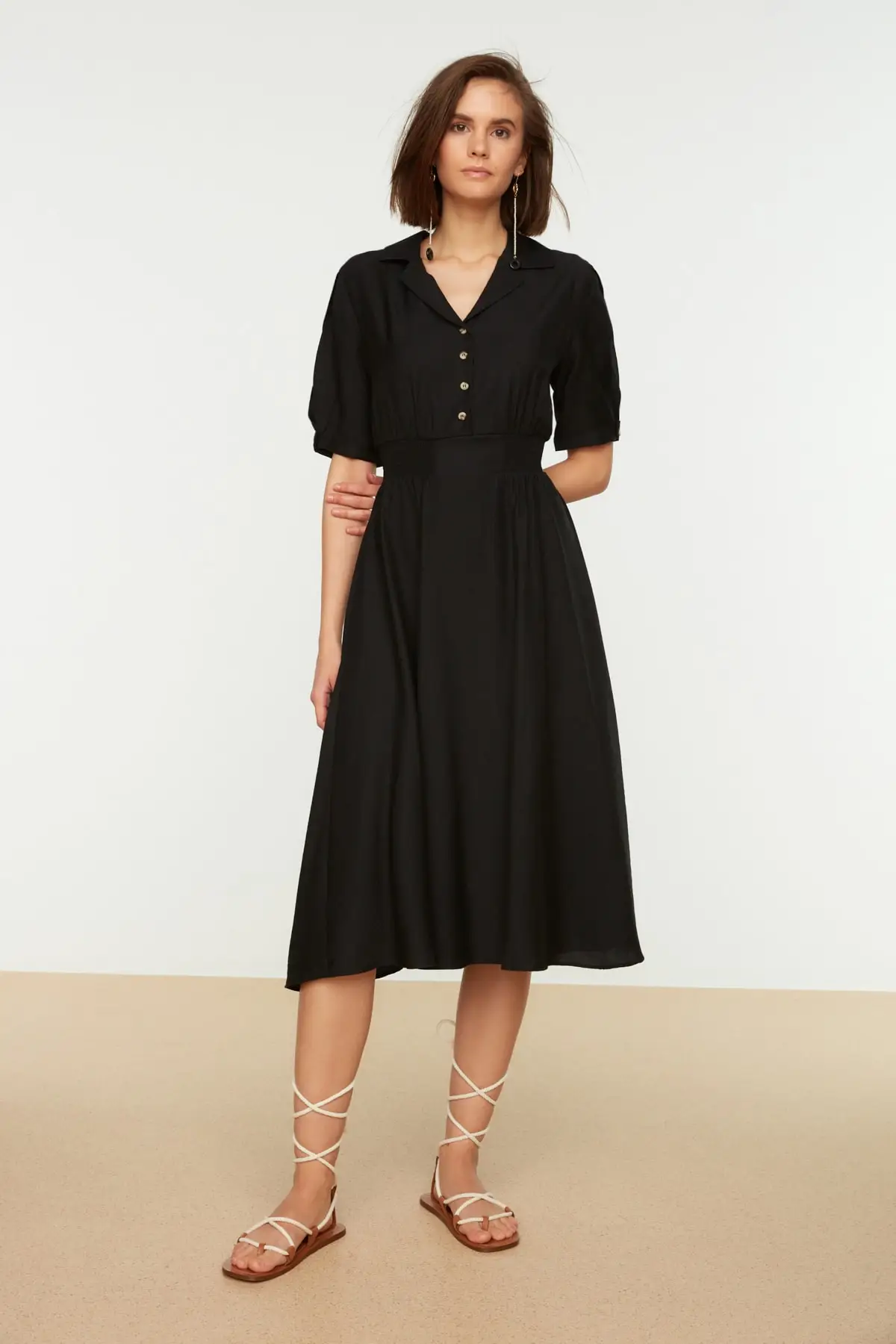 

Black Gipe and Button Detail Dress TWOSS21EL1023 Short Standard Sleeve Plain Skater Shirt Collar Midi Viscose Blended