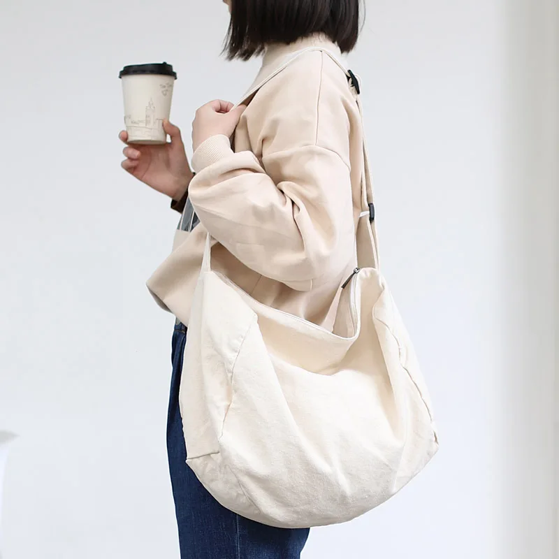 Korean Casual Trendy Large Canvas Women Shoulder Bag Solid Color Ladies Crossbody Handbag For Female Girls Student