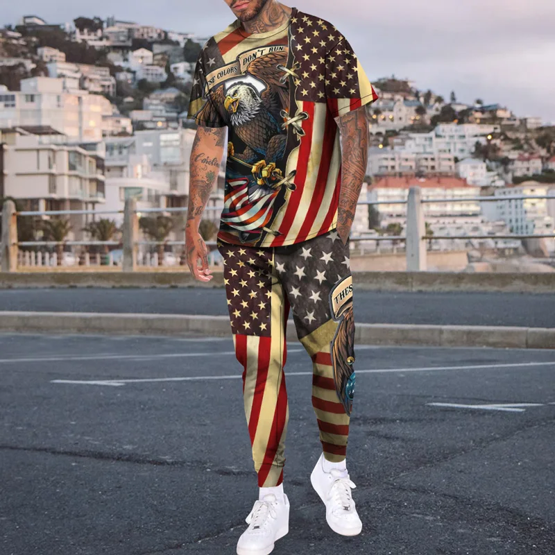 3D Printing Summer Men's Short-Sleeved Suit T-Shirt + Trousers Sports Tough Guy Style Simple Fashion Loose Large Size