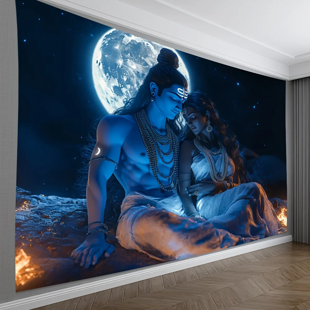 Фото Гобелен Divine Shiva-Parvati — небесная пара Moonlit в синем и золотом цвете, эфирное свечение с сакральным пламенем, домашний декор №5