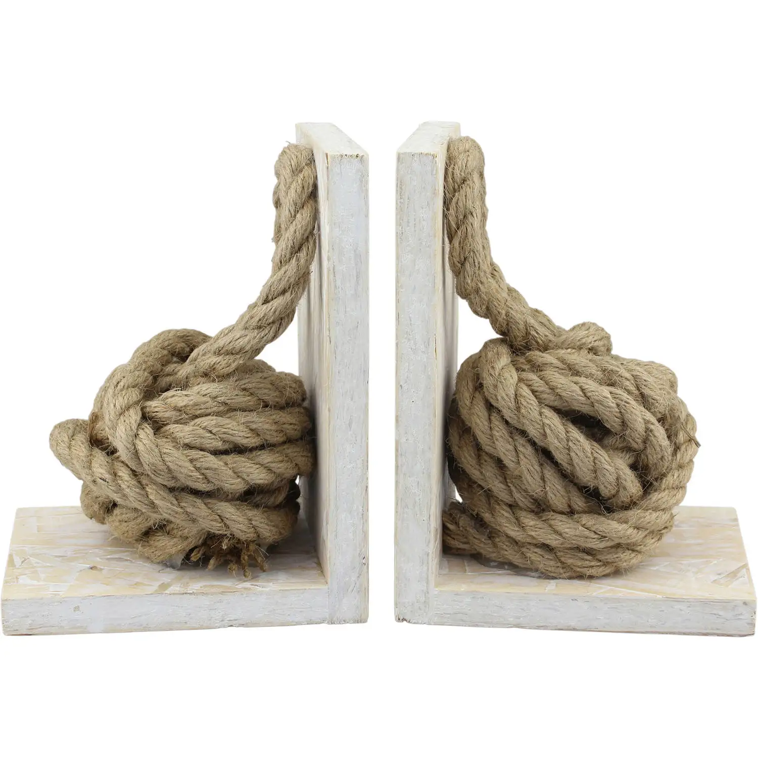 

White Wood Bookends with Natural Rope Knots, Set of 2