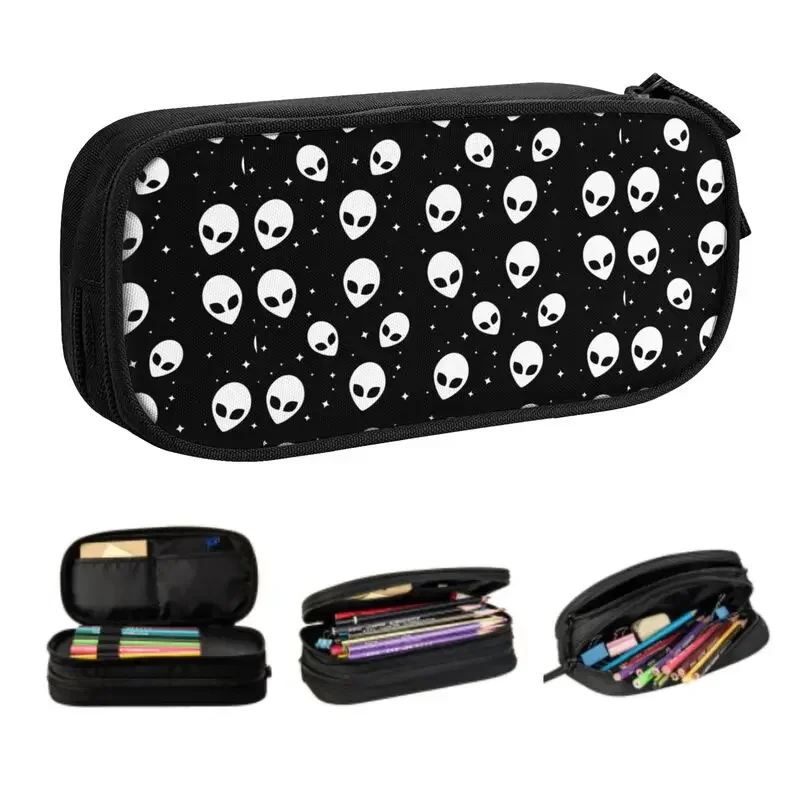 

Black And White UFO Alien Pattern Pencil Cases for Boys Gilrs Large Capacity Pen Box Bag School Supplies