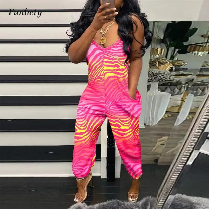 

Women Fashion Printed Cargo Jumpsuit Elegant V Neck Pocket Loose Playsuit Overalls Summer Casual Sleeveless Pocket Sling Romper