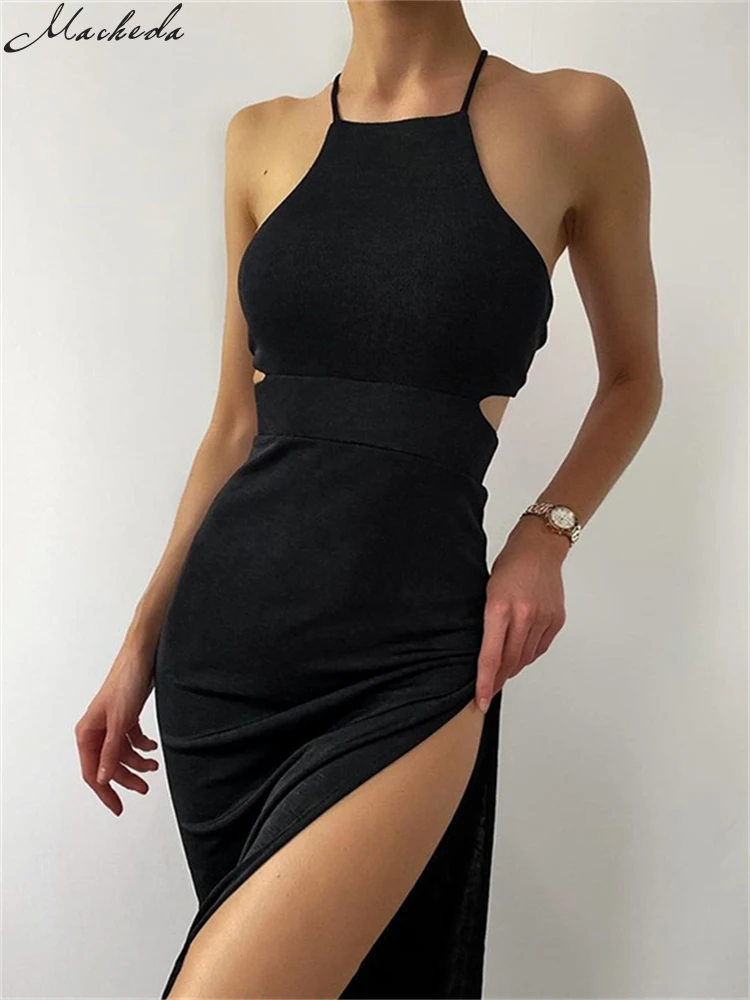 

Macheda 2022 Spring high collar neckline slim dress Halter sexy figure show side slit sexy hot figure show multicolor optional