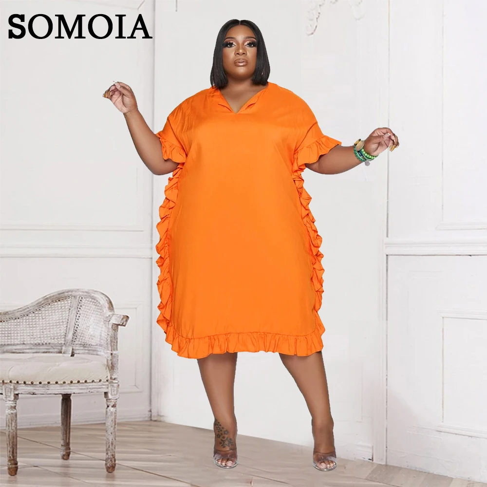 

SOMOIA Summer Plus Size Women Clothing Casual Loose Home V-Neck Short Sleeve Lace Solid Color Dress Wholesale Dropshipping