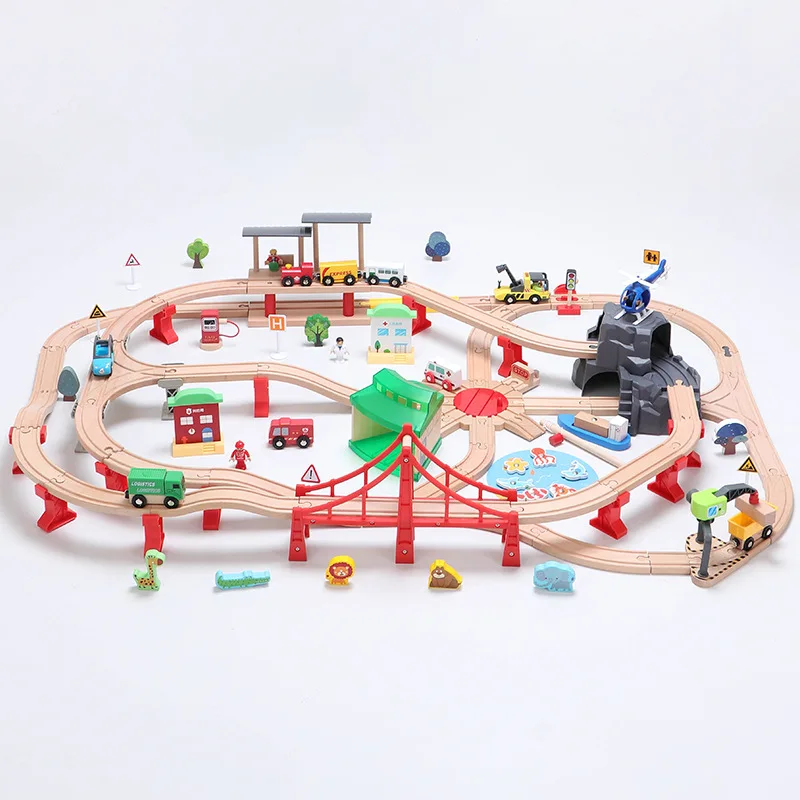 

Wooden Train Track Deluxe Oversized Railway Flexible Wood Track Set Compatible Brand Wooden Track Educational Toy Gift for Boys