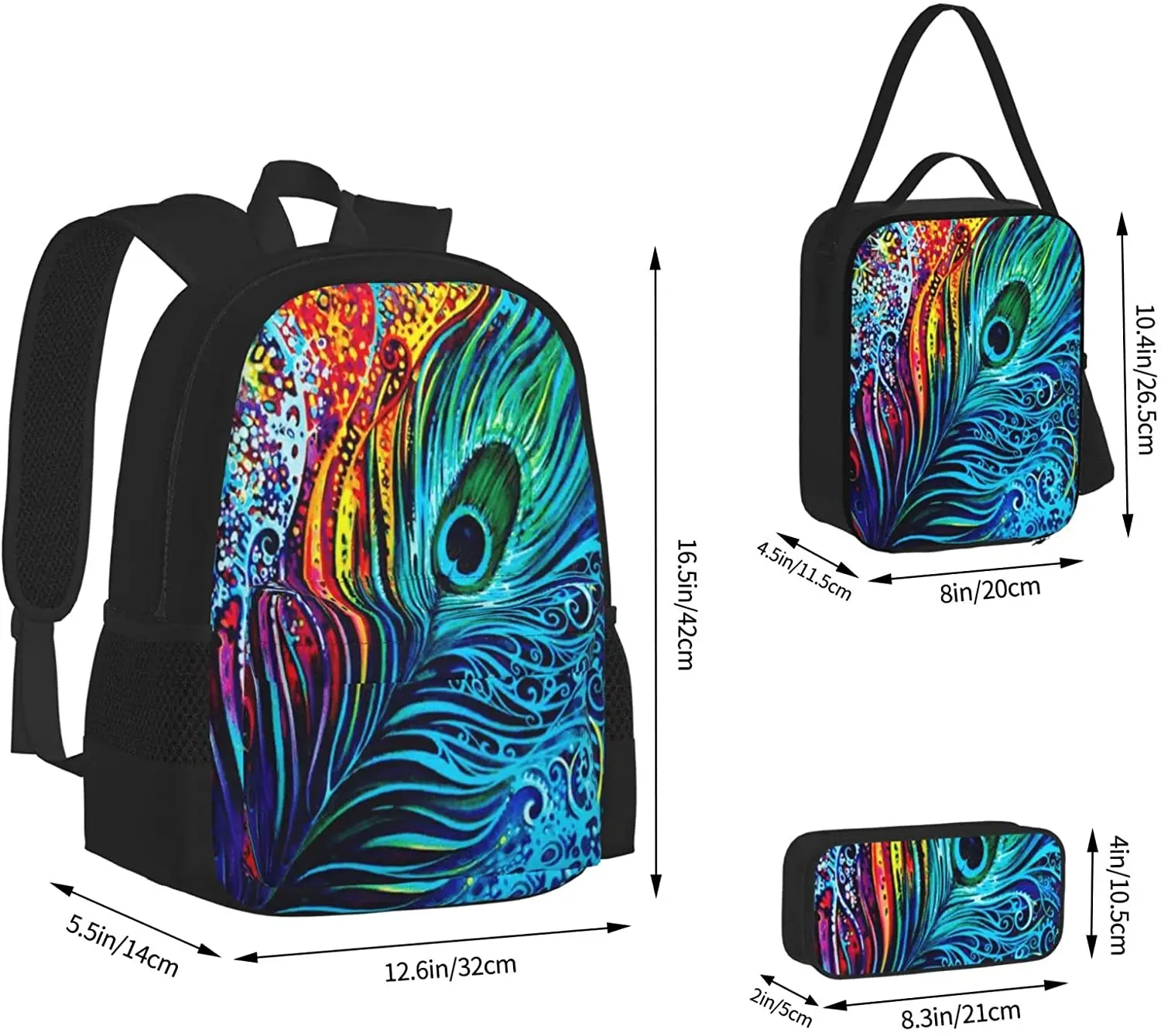 Peacock Feather Schoolbag Travel Bag Casual Daypack Lunch Bag Pencil Case for Boys Teens Girls 3pcs Sets