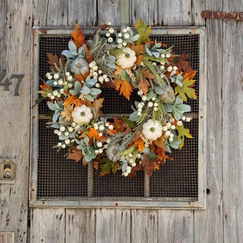 

Thanksgiving Artificial Fall Maple Leaf And Pumpkin Wreath For Front Door Home Farmhouse Decor Harvest Halloween Hanging Garland