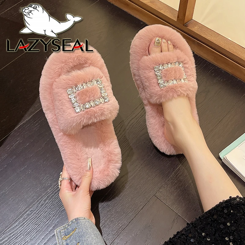 

LazySeal 4cm Platform Heel Faux Fur Mules Crystal Buckle Soft Women Indoor Slippers Home Furry Slides Flip Flops zapatos mujer