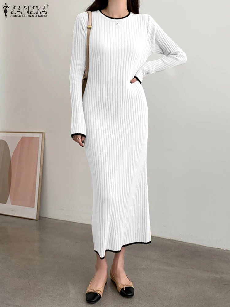 

ZANZEA Spring Women Casual Robe Elegant Knitting Tight Dress Long Sleeve O-Neck Contrast Color Fashion Robe Female Sundress 2023