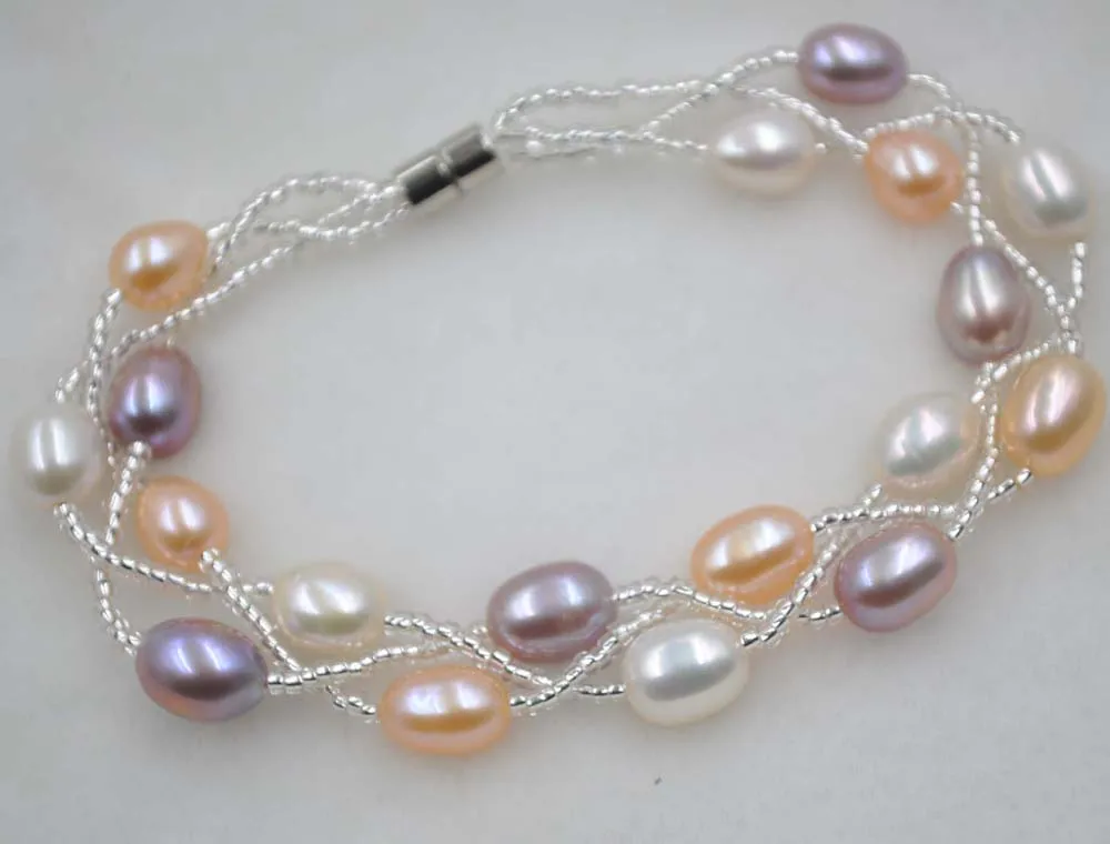 

fine 7.5-8*9-11mm 3lines multicolor freshwater pearl bracelets magnetic clasp