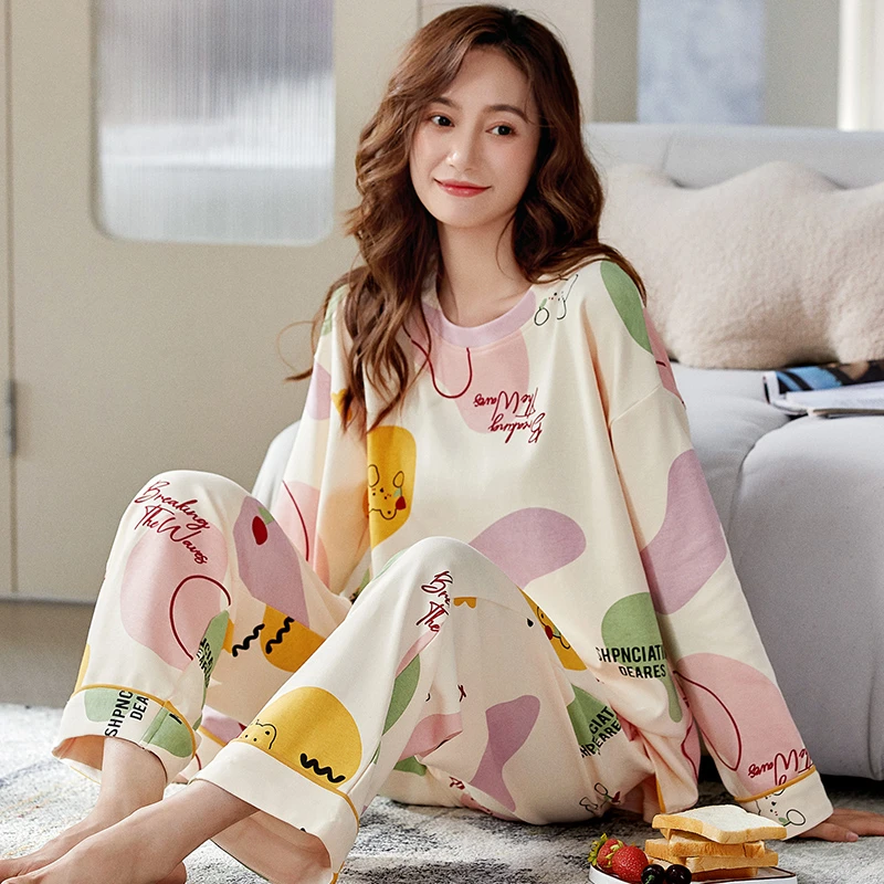 CAIYIER Cotton Winter Pajamas Set For Women Cute Grid O-Neck Long Sleeed Nightwear Girl Simple Leisure Sleepwear Autumn Homewear