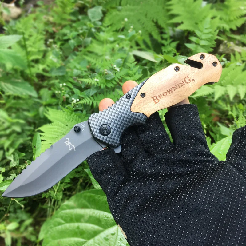 

Outdoor Wood Handle X50 Tactical Folding Knife Safety-defend Camping Hunting Survival Pocket Knives EDC Tool