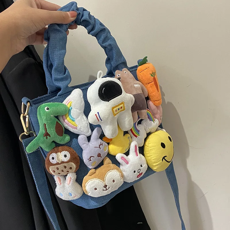 

Fashion Women Denim Bucket Cartoon Toy Decoration Handbags and Purses for Female Cute Dolls Design Shoulder Bags Crossbody Bags