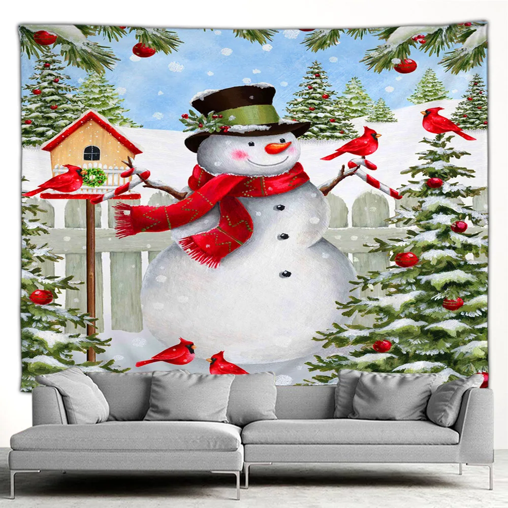 

Christmas Tapestry Winter Snow Snowman Vintage Farmhouse Country Xmas Theme Family Garden Wall Hanging Art Deco Livingroom Mural