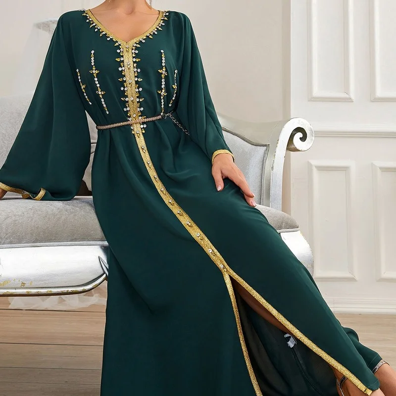 Dubai Hijab Women Dresses V-Neck Hand Stitched Raglan Sleeve Party Dress 2022 New Kaftan Abayas Djellaba Moroccan Vestidos