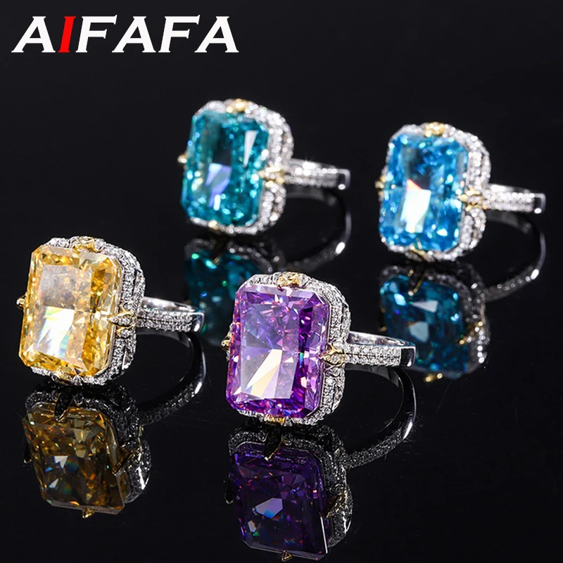 

AIFAFA 100% 925 Sterling Silver 12*16mm Mint Green High Carbon Diamond Rings For Women Sparkling Purple Gemstone Wedding Jewelry