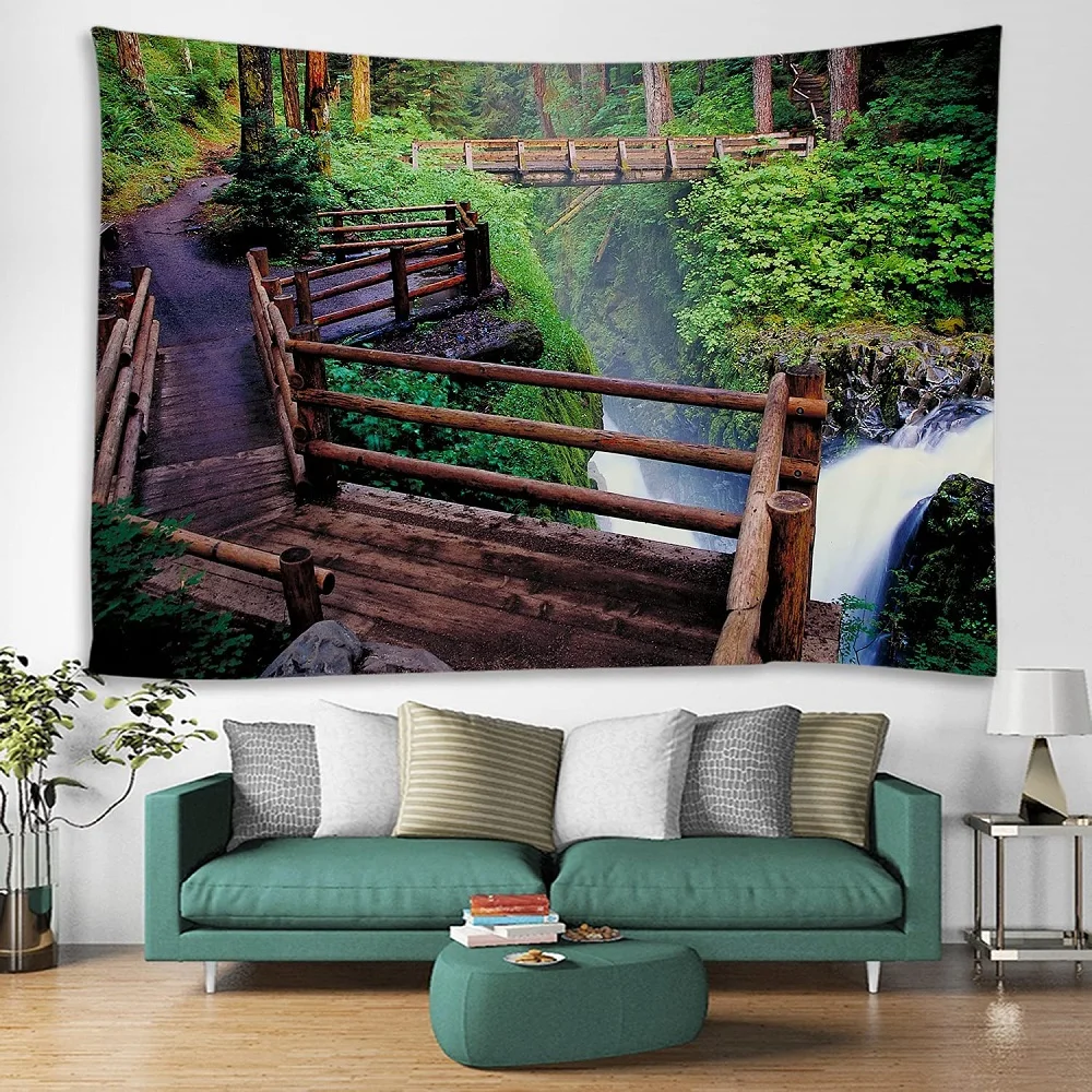 

Idyllic Lake Tapestry Canyon Wooden Bridge Waterfall Running Water Autumn Scenery Tapestries Living Bedroom Room Wall Hanging
