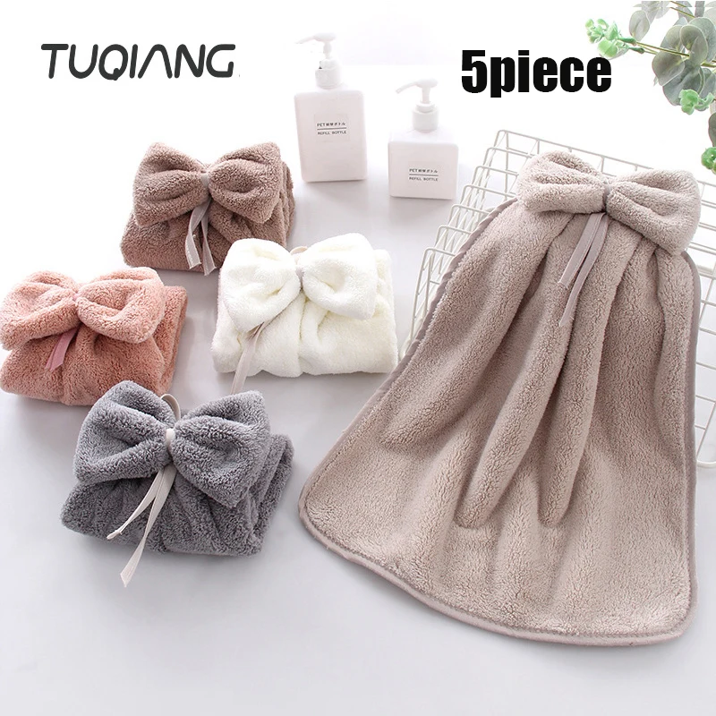 

Solid color children's cute bow-tie hand towel Soft absorbent quick drying Kitchen dish towel Coral velvet Household 5 towel set