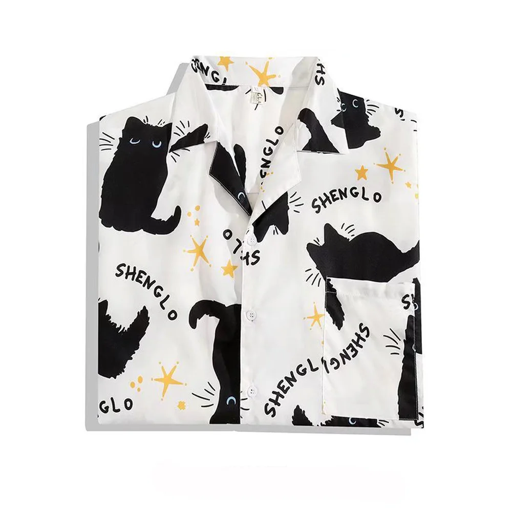 ERIDANUS Cartoon Cat Printing Cute Couples Short-sleeved Pocket Shirt Ins All-match Loose Design Niche Casual Men's Shirt MCS198