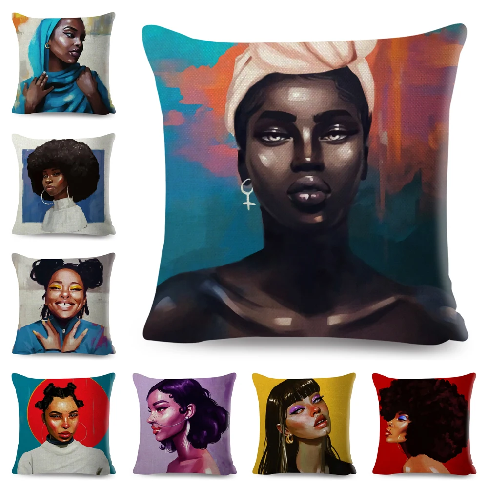 

Beautiful Black Girl Pillow Case Decor Colorful Cartoon Africa Women Lady Cushion Cover for Sofa Car Home Polyester Pillowcase