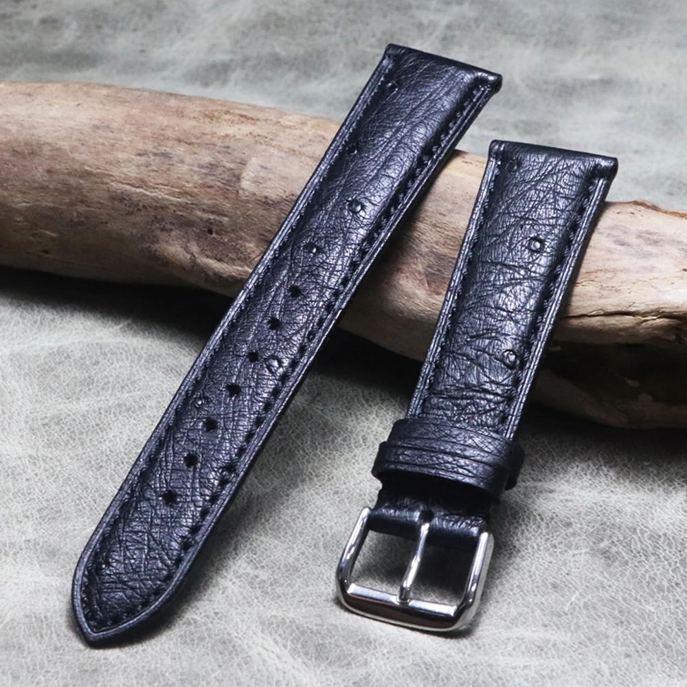 

Ostrich skin Black Genuine leather Watchbands Handmade High quality Bracelet WatchStrap 18mm 19mm 20mm21mm 22mm Retro Wrist Band