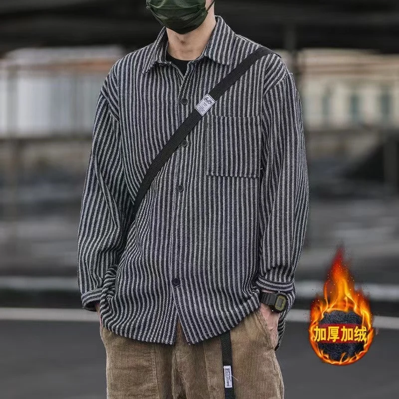 

Мужские утепленные плюшевые пальто 2022, рубашки с длинным рукавом и винтажным принтом в полоску, модные трендовые красивые шерстяные рубашки, искусственная кожа