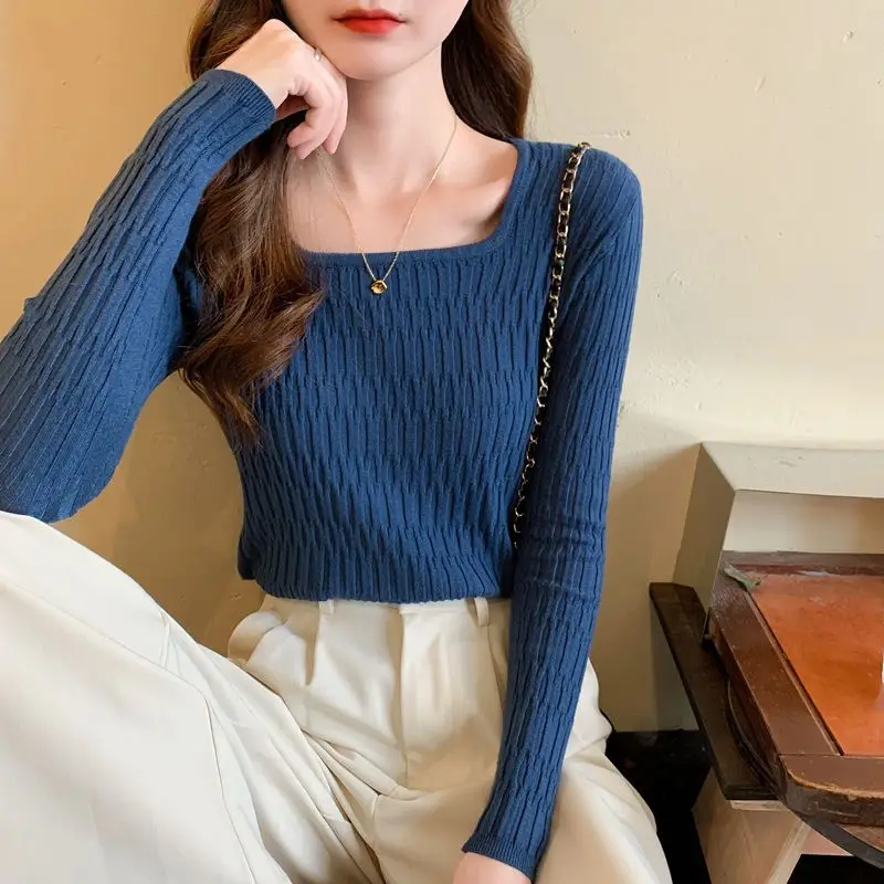 

Slash neck sweater for women's new style versatile stylish winter lining Slim fitting low collar long sleeved base knit shirt