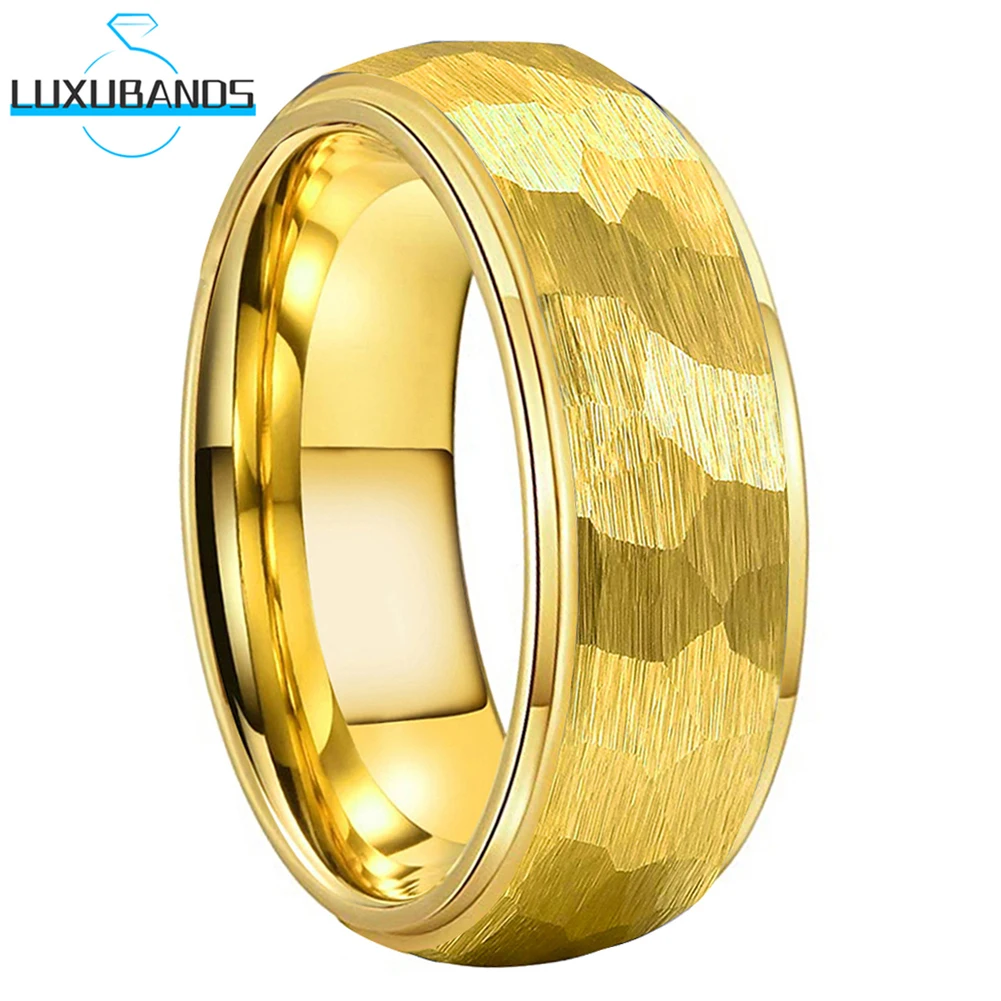 

8mm 6mm Tungsten Wedding Ring Black Rose-Gold Stepped Edges Domed Multifaceted Hammered For Men Wemen Brushed Finish Comfort Fit