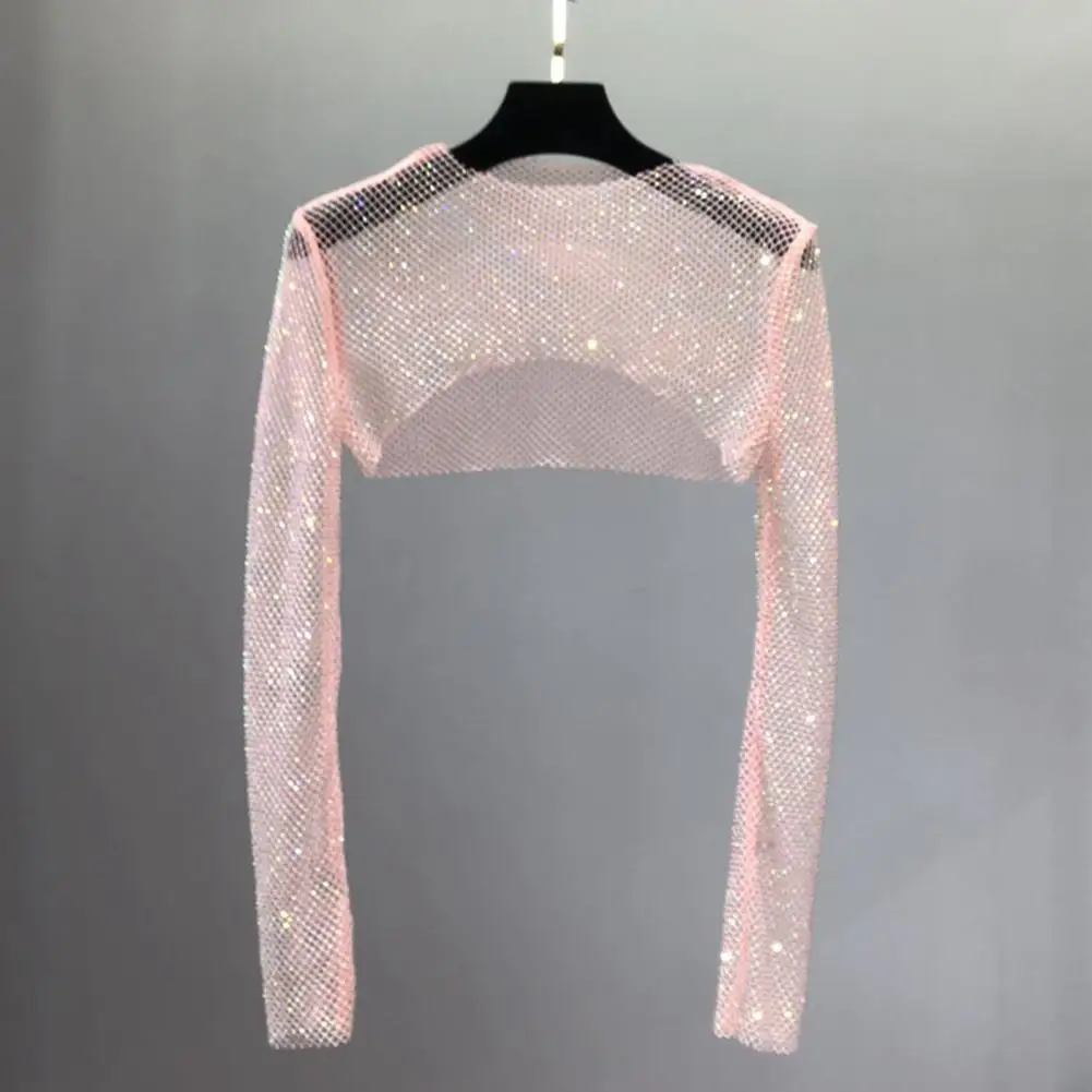 

Trendy Short Top O-Neck Breathable Dance Blouse Summer See-Through Net Dance T-shirt