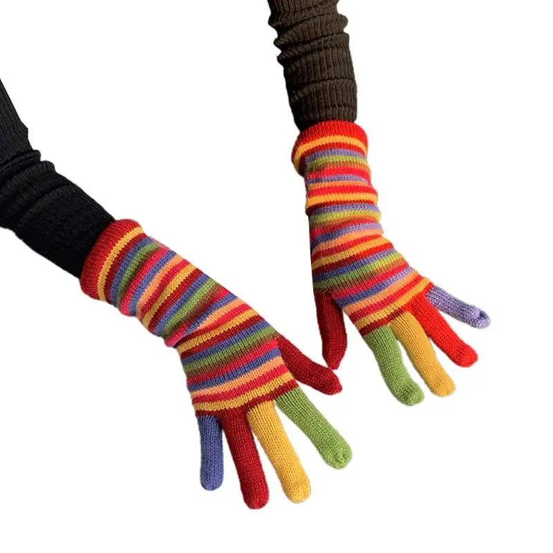 

Stretchy Striped Gloves Knitted Full Finger Gloves Rainbow Colorful Glove Crochet Mittens Riding Driving Winter Gloves