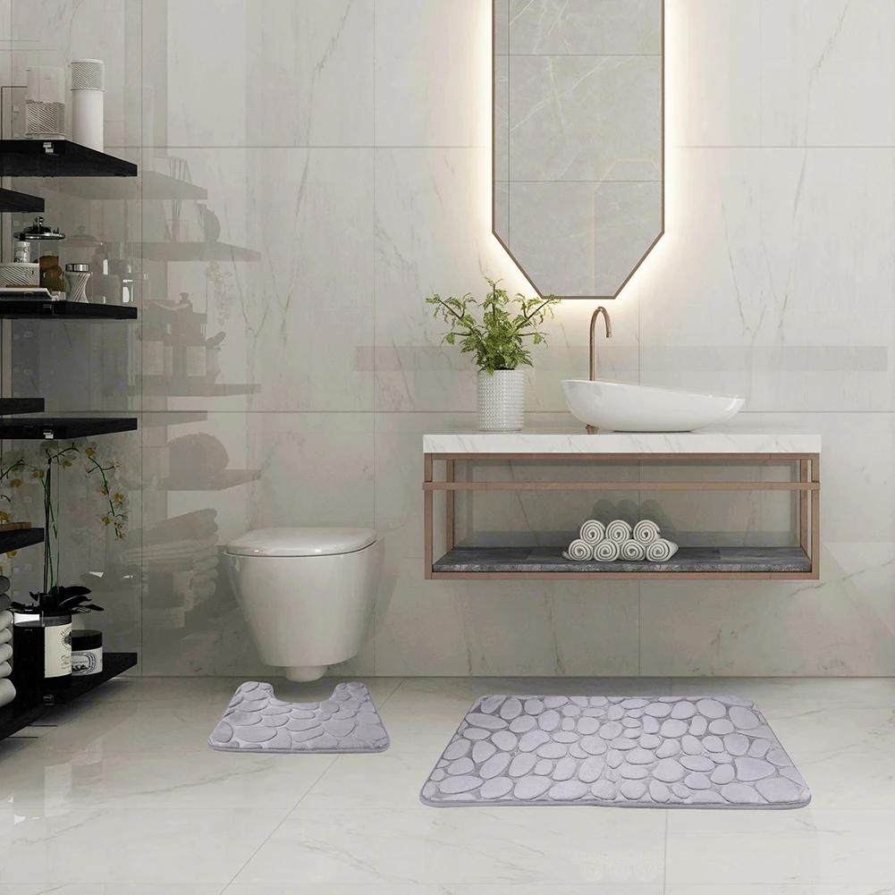 50x80cm cobblestone fleece bathroom memory foam rug kit toilet bath non slip mats floor carpet set mattress for bathroom decor free global shipping