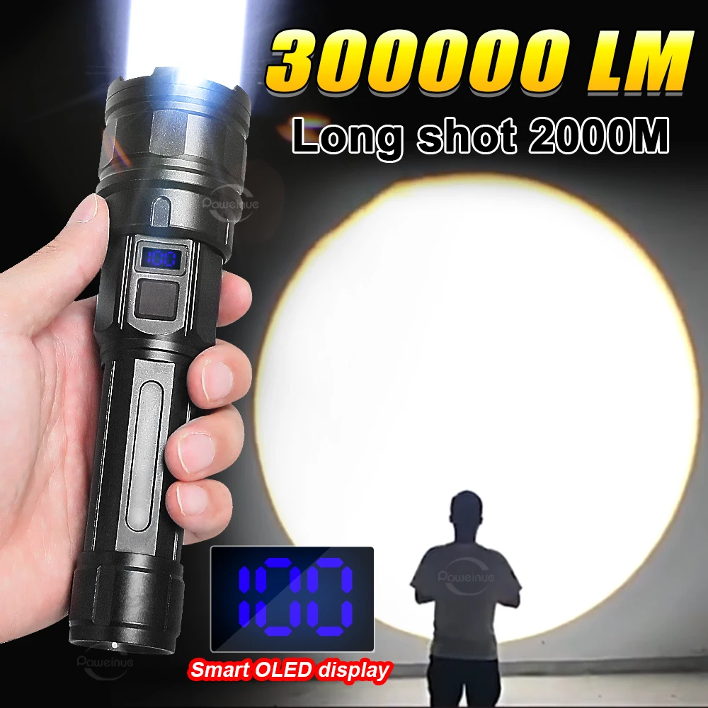 

300000 Lumens 300W LED Powerful Flashlight Rechargeable Tactical Flash Light Long Range 2000M Search Light Torch Hand Lantern