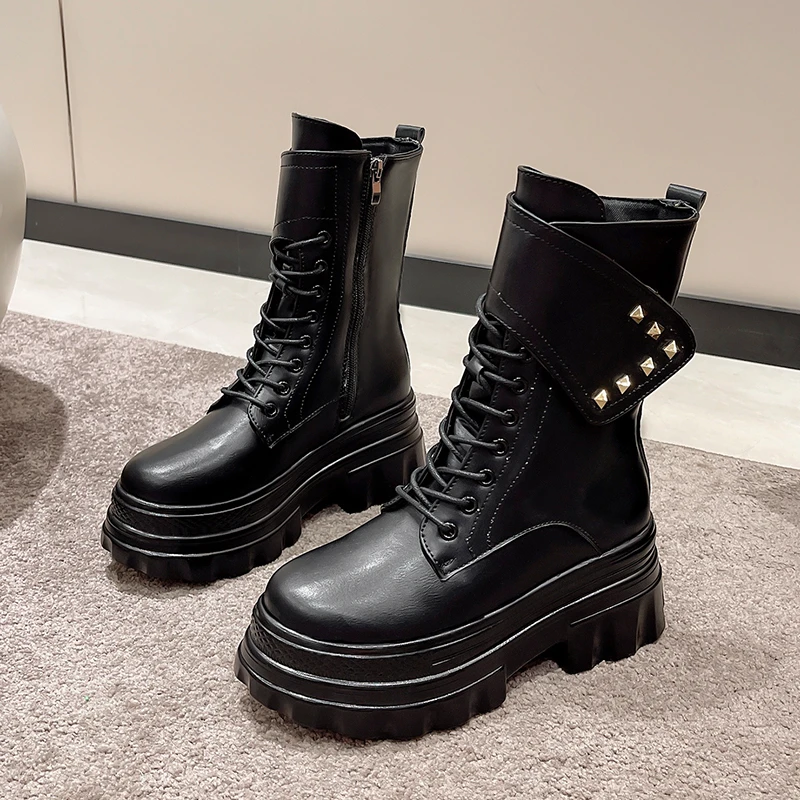 

Women's PU Leather Ankle Boots Autumn Winter Heels Sneakers Round Toe Short Boots Woman Rivets Motorcycle Platform Botas