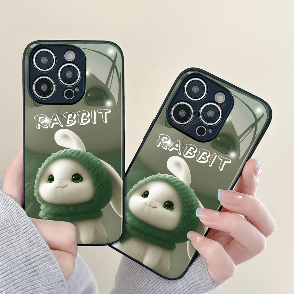 

Cartoon Rabbit Painted Glass Phone Case For iPhone 14 13 12 11 Pro Max Mini XS Max X XR 7 8 Plus Se2 SE3 Protection Back Cover